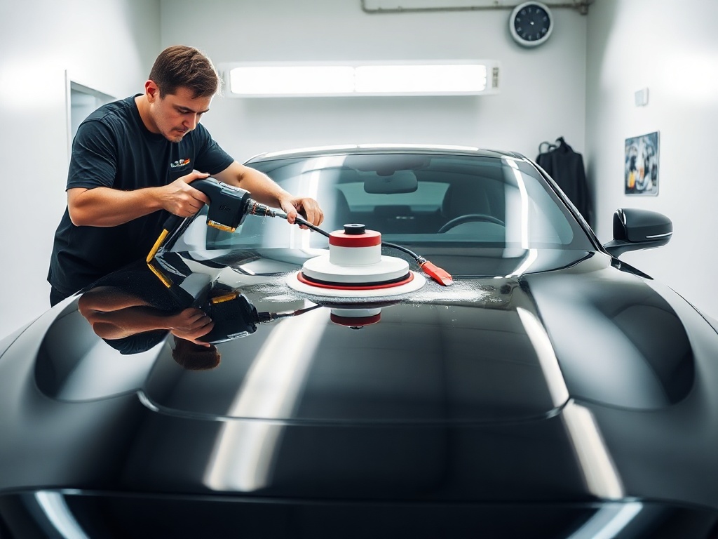 Technician polishing a dark vehicle hood under workshop lighting
